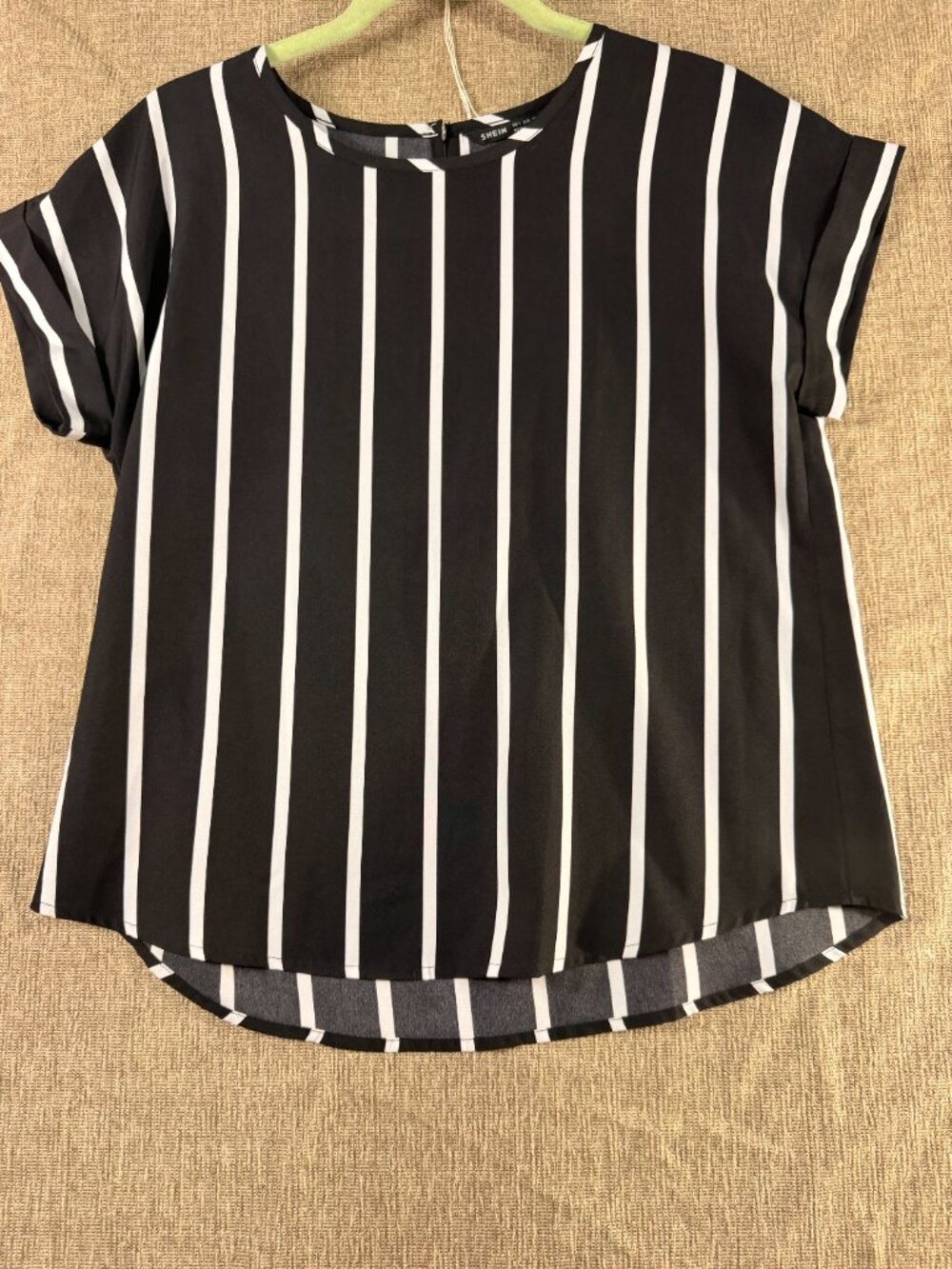 SHEIN Black and White Vertical Striped Cuffed Short Sleeve Blouse - Size S